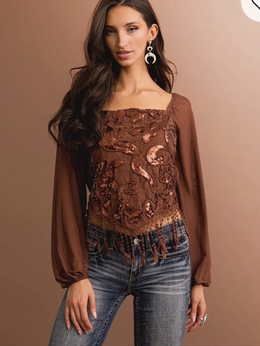 Sterling & Stich Brown Sequin Crochet Fringe Women's Crop Top Size XL
